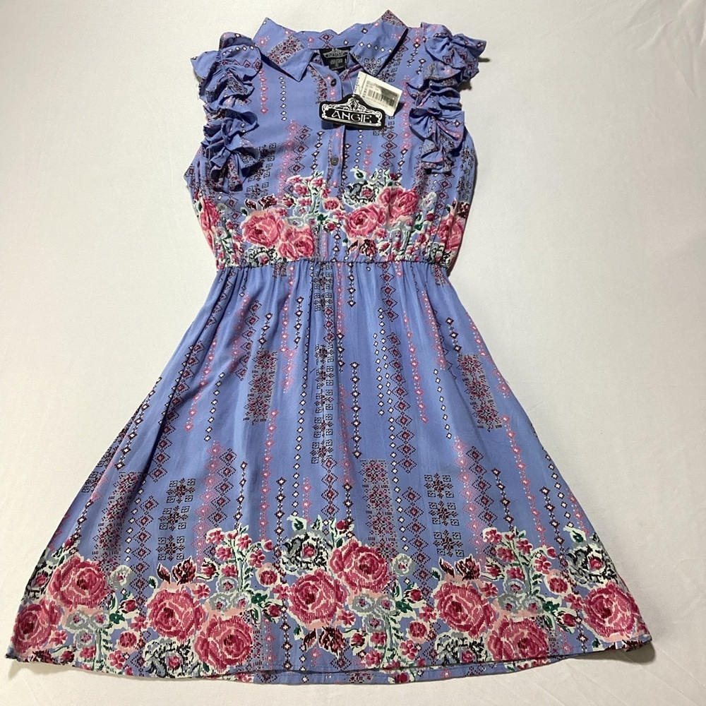 Angie Blue and Pink Floral Patterned Dress with Ruffle Sleeves - Picture 3 of 10